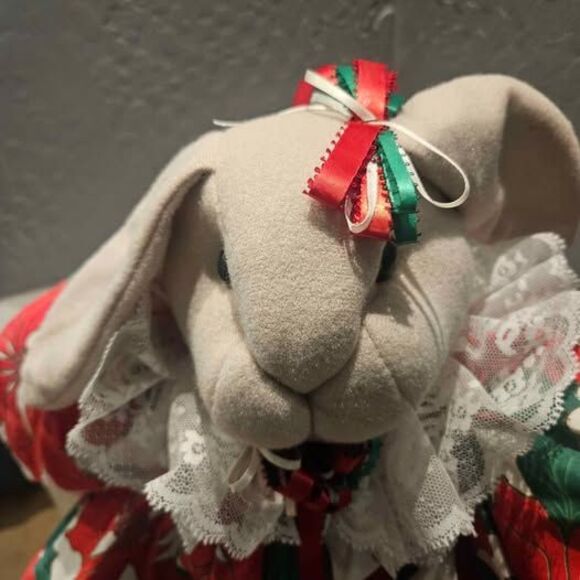Poinsettia Shelf Sitting Christmas Stuffed Bunny Rabbit 20" Plushie Plushy - Picture 2 of 6